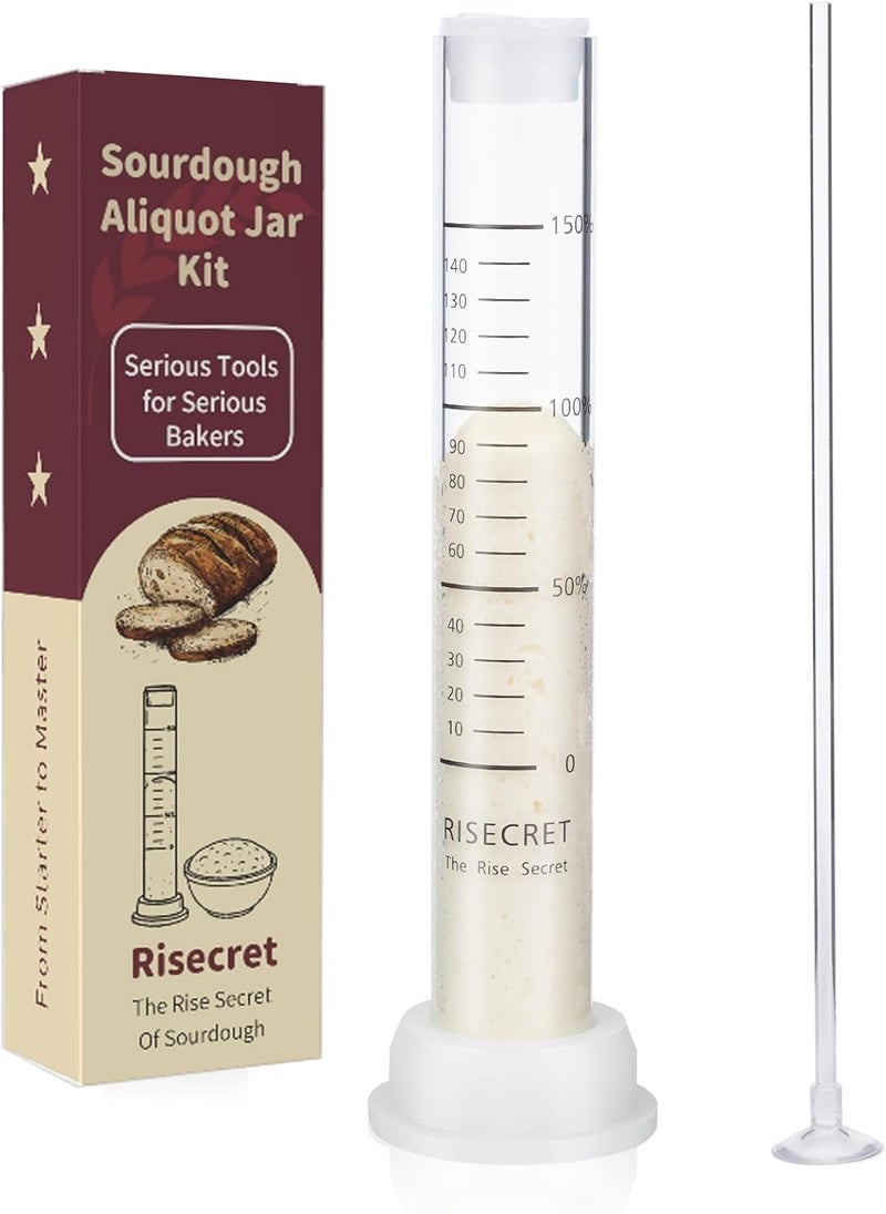 Risecret Glass Sourdough Aliquot Jar Set with Pump and Stand, Dough Rise Measuring Tube for Bread Baking, Transparent Acrylic Container with Silicone Base and Cleaning Brush (Glass, white) - Image 1